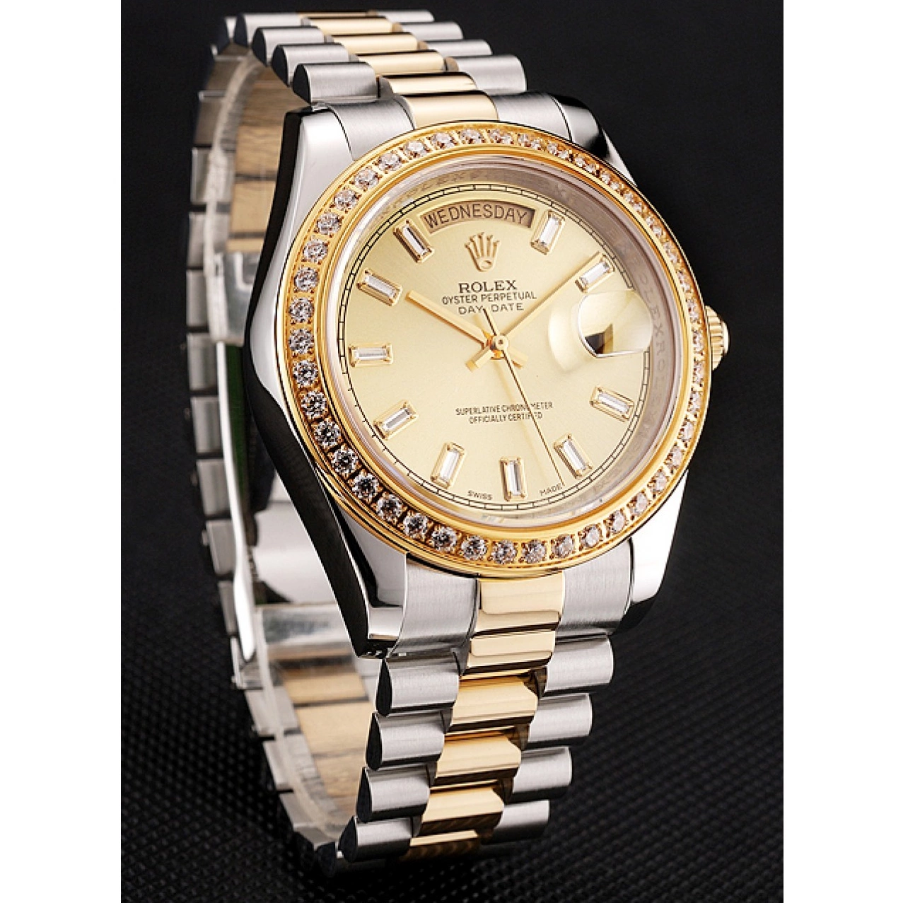 Good Copy Rolex Watches 1454103 Day-Date Two Bezel Swiss Diamond Rolex Dial Champagne Tone Bracelet 0823